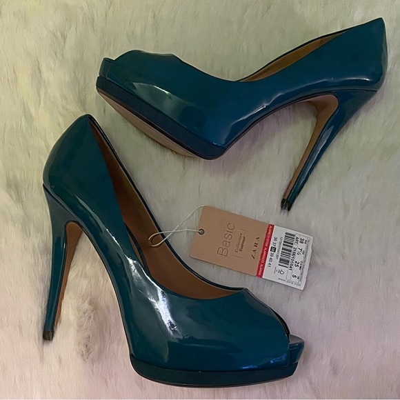 WOMEN’S “ZARA” PLATFORM PEEP TOE HEELS- SIZE 38 (EU) 7-1/2 US. CLR-BLUE/TEAL - Picture 2 of 4